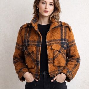Nine‎ West Orange and Black Plaid Teddy Jacket-size Large